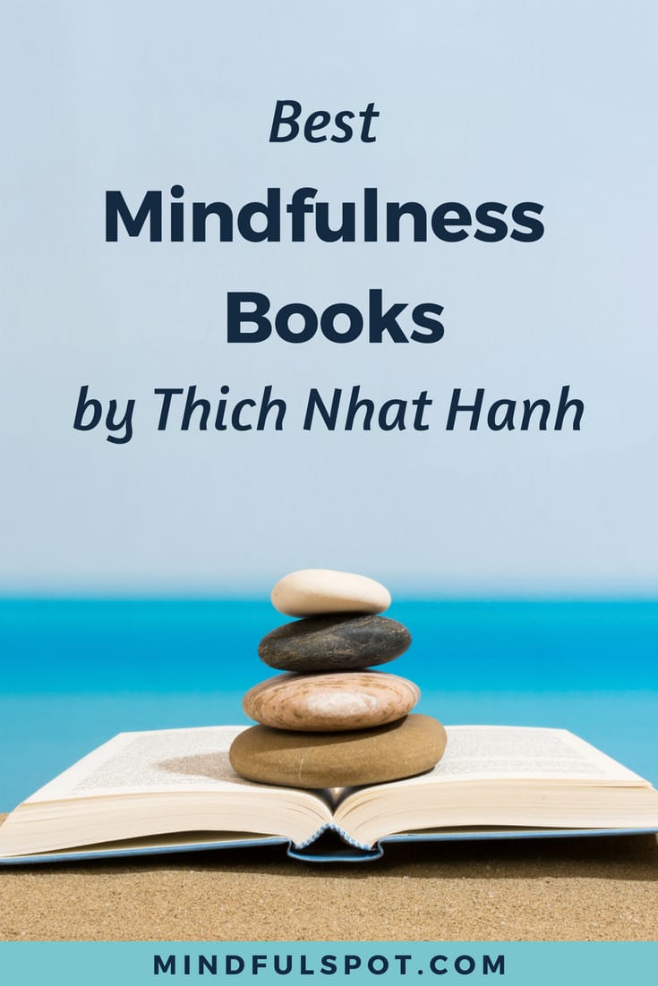 A stack of books with text overlay: 8 best mindfulness books by Thich Nhat Hanh.