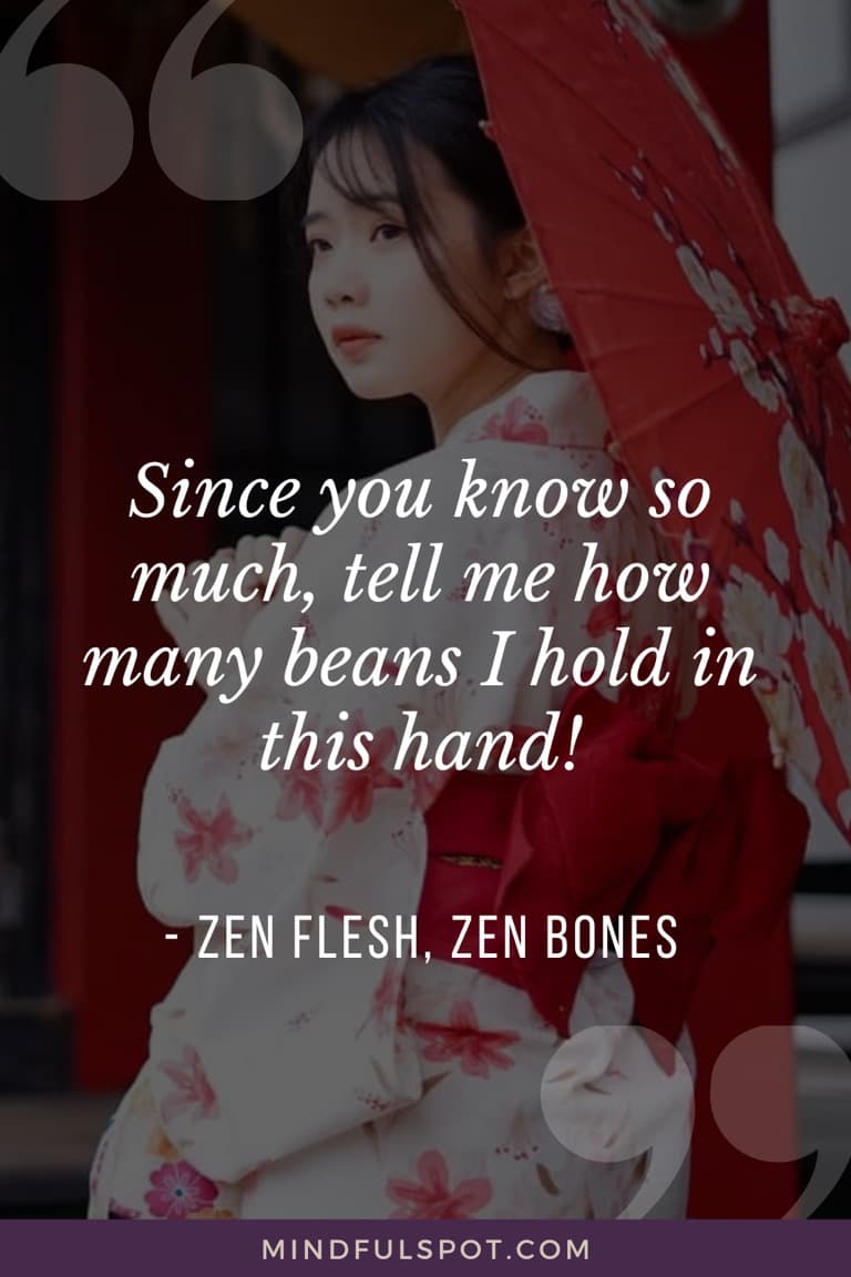 A beautiful woman in kimono with text overlay: If you know so much, tell me how many beans I hold in this hand.