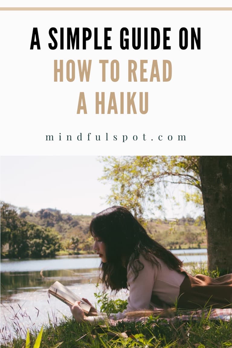 Woman reading a book with text overlay: A simple guide on how to read a haiku.