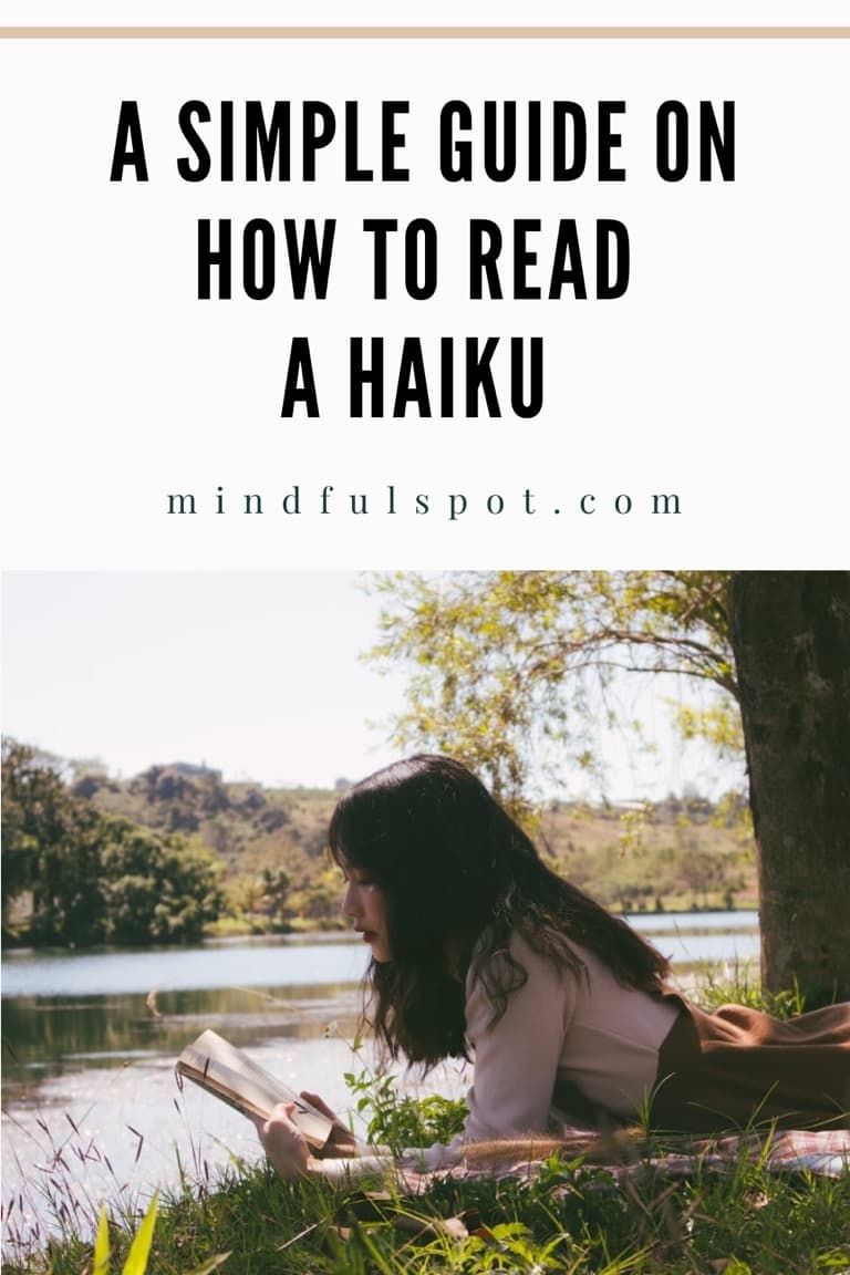 Woman reading a book with text overlay: A simple guide on how to read a haiku.